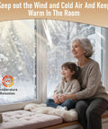 Easy DIY Window Insulation Kit For Winter With Plastic Shrink Film And Strong Tape installed on patio door, winter scene