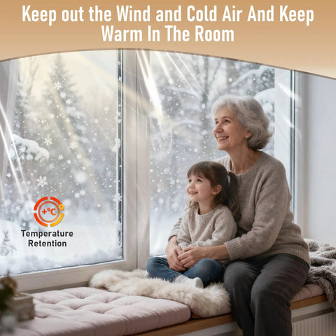 Easy DIY Window Insulation Kit For Winter With Plastic Shrink Film And Strong Tape installed on patio door, winter scene