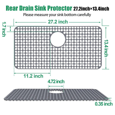 Silicone Kitchen Sink Mat Protector For Stainless Steel Sinks 27.2 X 13.4 Inches No Slip Heat Resistant Drain Grate Gray Diagram