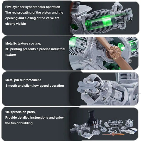 Five Cylinder Radial Engine Model Kit That Actually Runs With LED Lights 1:5 Scale Aircraft Engine 3D Printed Mechanical Assembly Toy STEAM Educational Gift For Adults And Hobbyists, 3D-printed parts and LED glow