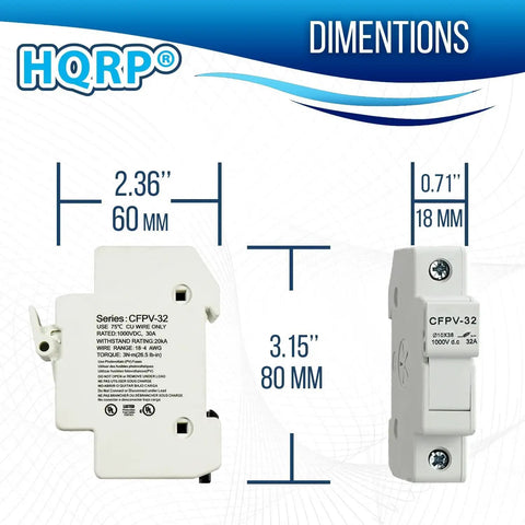 Solar Powered Photovoltaic Din Rail Fuse Holder Fits 10 X 38 Mm Cylindrical Fuses Up To 32 Amp 1000 Vdc showing dimensions 2.36 x 3.15 inches.