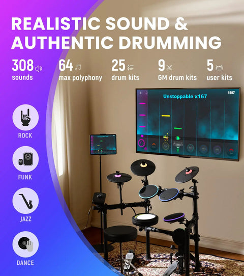 Polaris Drums Electric Drum Set With USB MIDI And Bluetooth Audio, mesh pads, LED screen, for a realistic drumming experience.