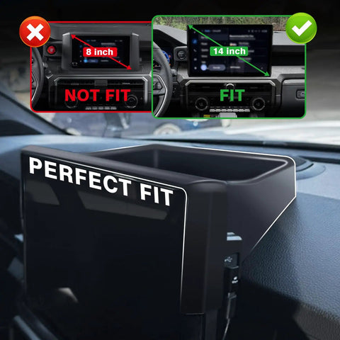 Toyota Tacoma And 4Runner 14 Inch Screen Center Console Storage Box ABS Accessory Organizer showing perfect fit example