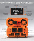 Image of 1500W Pure Sine Wave Power Inverter 12V To 120V AC With Remote 3000W Peak Output, showing ports, LCD screen, and cooling fans.