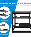 12U Open Frame Network Rack with 2x 14in vented 1U shelves and rear support