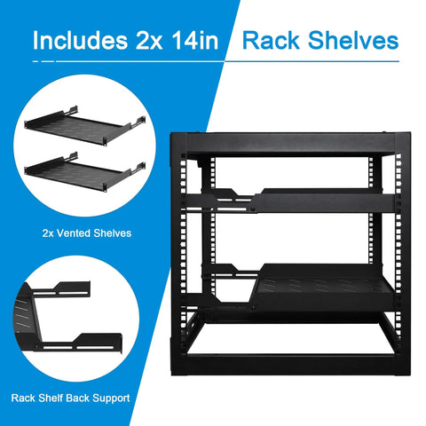 12U Open Frame Network Rack with 2x 14in vented 1U shelves and rear support