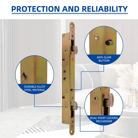 Eleven And Three Quarters Inch Multi Point Mortise Lock With Face Plate For Sliding Patio Glass Doors Two Point Mortise Lock Replacement Fits Three Fifteen Sixteenths Inch Handle Anti Slam Pin For Enhanced Patio Door Security with anti-slam pin and dual point lock in alloy steel