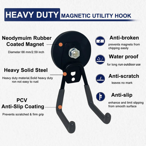 Heavy Duty Magnetic Hooks 22 Lb Strength 2 Pack Garage Hooks for Hanging Yard Tools with features list shown