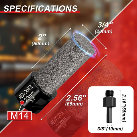 Diamond Chamfer Bit Set For Angle Grinder M14 Thread And Hex Shank Three Piece Two Inch Three Quarter Inch Diamond Finger Milling Bit For Enlarge And Shape Holes In Porcelain Ceramic Granite Marble Tile Dry And Wet Use specifications with size details.