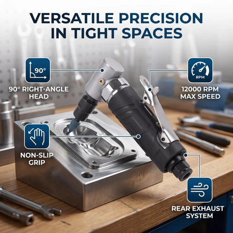 Compact 90 Degree Right Angle Pneumatic Air Die Grinder Hit 12000 RPM for grinding tight spots with textured grip sleeve.