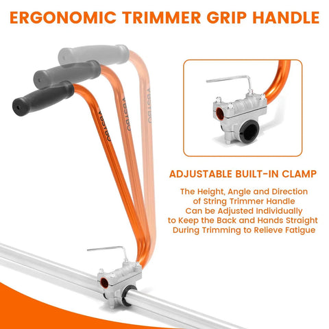 Ergonomic Back Saver Handle Extension With Double Shoulder Strap Harness and adjustable clamp for trimmers