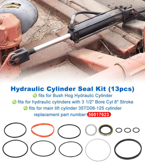 Hydraulic Cylinder Seal Kit For Bush Hog 3.5 Inch Bore 8 Inch Stroke Replacement Part 50017623 13 Piece Set shown with cylinder.