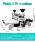 Desktop Intaglio Relief Printmaking Press With Manual Roller And Hand Crank Pro Grade Steel Plate Welded Frame shown with dimensions