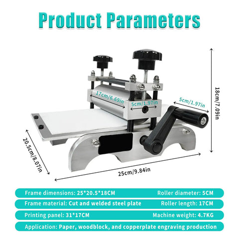Desktop Intaglio Relief Printmaking Press With Manual Roller And Hand Crank Pro Grade Steel Plate Welded Frame shown with dimensions