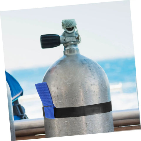 Scuba tank with strap harness for easy gear attachment and secure tank setup on a boat, showcasing modern design and functionality.