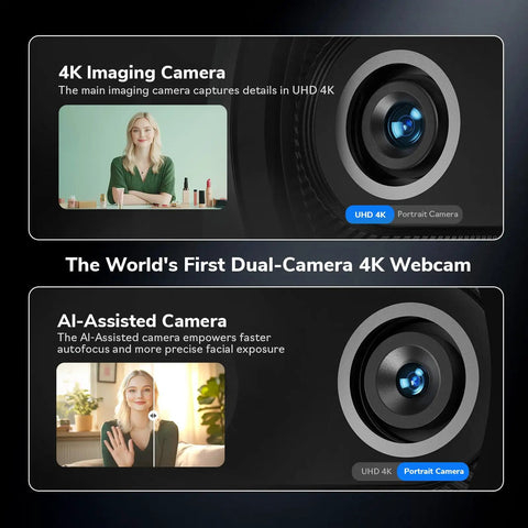 Image showcasing Piko Dual Camera 4K AI Webcam With AI Autofocus, highlighting dual-camera design and 4K imaging capabilities for content creators.