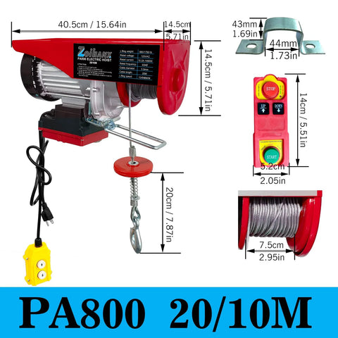 Electric hoist with remote control, red 110V winch with wire rope and hook