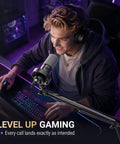 Gamer using Dynamic USB XLR Podcast Microphone Kit With Boom Arm For PC And Mixer, Gaming Microphone With Mute Button And Headphone Jack.