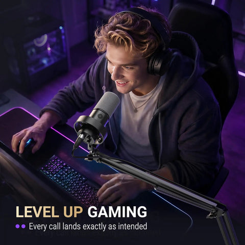 Gamer using Dynamic USB XLR Podcast Microphone Kit With Boom Arm For PC And Mixer, Gaming Microphone With Mute Button And Headphone Jack.