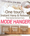 One Touch Quick Release Hangers With Collapsible Neckline Protection, Space Saving Cascading Closet Organizer, Prevent Shoulder Bumps, 10 Pack Light Blue And White, Easy In And Out For T Shirts And Sweaters with visual of hangers and benefits.