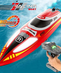 RC Boat 18 MPH Remote Control Fast Speed Racing Boat With Night Navigation Lights shown above water with remote control.