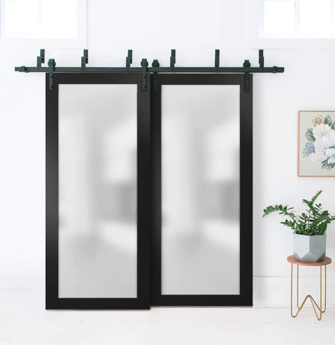 Planum 2102 Interior Barn Bypass Sliding Doors With Frosted Glass In Solid Wood Black Modern Style 84 By 96 Inches Hardware Kit Included