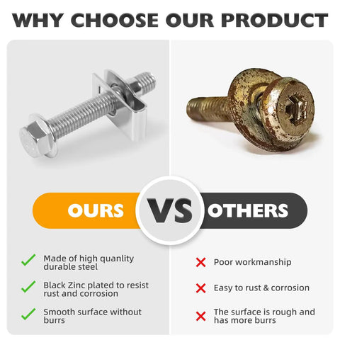 Comparison of stainless steel gas tank strap bolt kit and rusted alternative for Chevy Silverado with text highlights