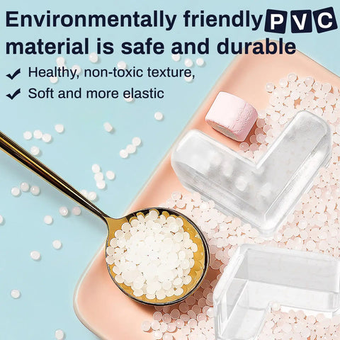 Premium Clear Silicone Corner Protectors And Table Edge Guards For Kiddos and Heavy Duty Furniture Bumpers in a display of PVC material.