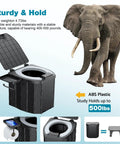 No Sweat Heavy Duty Portable Camping Toilet With Upgrade Soft Seat Cushion And Splash Guard Easy Fold Outdoors Potty Detachable Paper Holder 500 Pound Capacity next to an elephant.