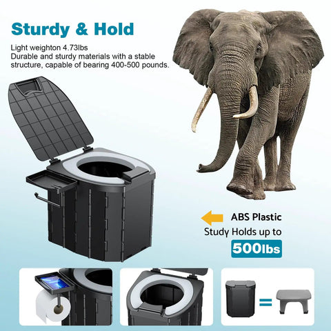 No Sweat Heavy Duty Portable Camping Toilet With Upgrade Soft Seat Cushion And Splash Guard Easy Fold Outdoors Potty Detachable Paper Holder 500 Pound Capacity next to an elephant.