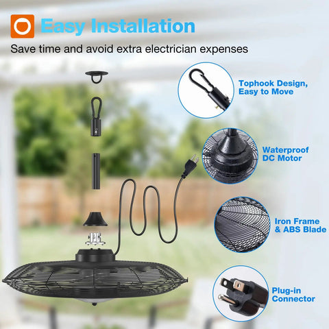 Outdoor Ceiling Fan With Light For Patios And Pergolas 24 Inch Black IP65 Gazebo Fan installation diagram with parts labeled