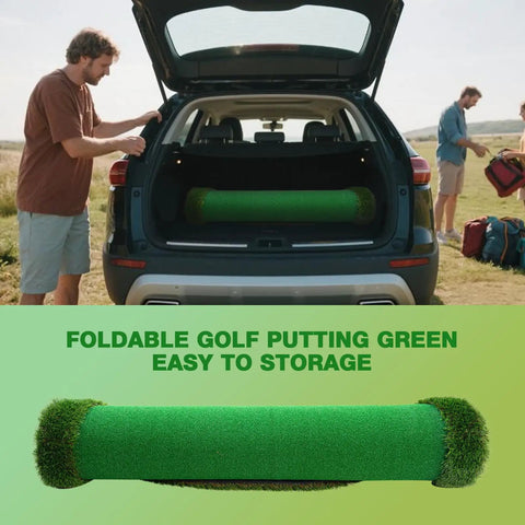 Heavy Duty 5x10ft Golf Putting Green Training Mat rolled in car trunk with realistic turf, ideal for practice and leisure.