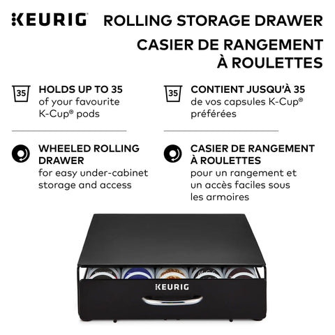 Keurig under-counter rolling storage drawer for up to 35 K-Cup pods, black finish, space saver, shown with pods visible in slots.