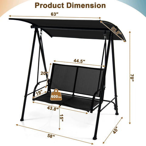 Two Person Porch Swing With Adjustable Canopy, Comfortable Fabric Seat And Heavy Duty Steel Frame, dimensions displayed