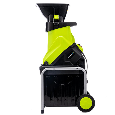 Side view of 15 Amp Corded Electric Garden Chipper With Collection Bin For Branches Up To 1.8 Inches Power Through Sticks And Brush