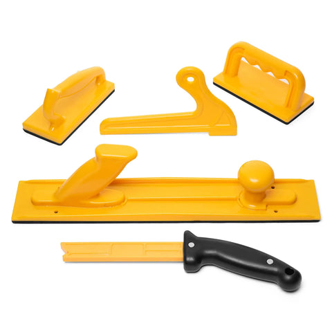 Five Piece Jointer Safety Kit With Push Blocks And Push Sticks For Woodworking arranged on a surface, showing all components.