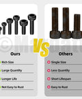 Comparison of hex socket screws, highlighting differences in quantity, lifespan, and rust resistance.