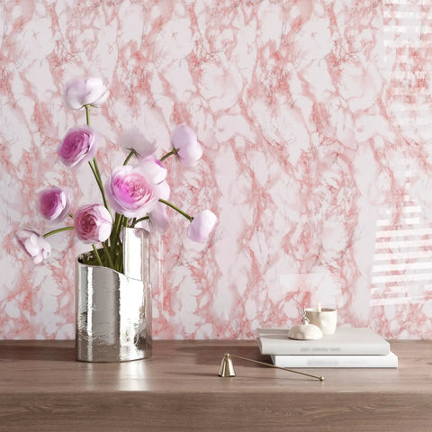 Pink Marble Contact Paper Peel And Stick Self Adhesive Wallpaper Removable Waterproof Wall Covering For Tables Countertops Cabinets And Drawers 15.74 By 118.11 Inches Realistic Glossy Marble Vibe on wall with flowers