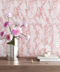 Pink Marble Contact Paper for Countertops Peel And Stick Self Adhesive Vinyl Wrap Glossy Blush Pink on a wall with vase and books.