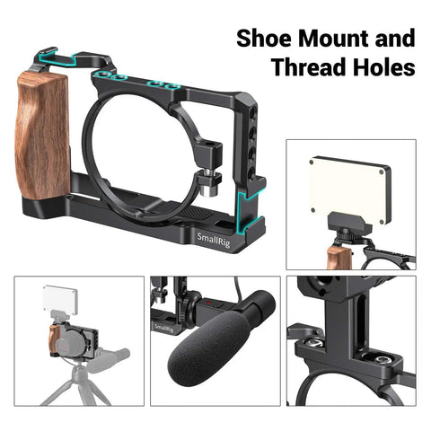 Vlog Camera Cage For Sony RX100 VI And RX100 VII With Removable Wooden Side Grip, Full Accessory Mounts, Solid Rig For Vloggers And YouTubers
