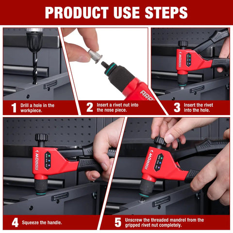 Step-by-step guide for 8 Inch Rivet Nut Gun Kit For Tight Spaces With 3 Mandrels 8-32 10-24 1/4-20 And 3 Drill Bits