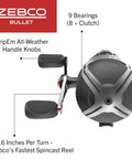 Top view of Bullet Spincast Fishing Reel with Size 30 reel, all-weather handle knobs, pre-spooled 10-pound line, black durable finish.