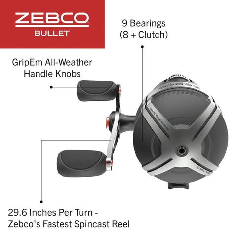 Top view of Bullet Spincast Fishing Reel with Size 30 reel, all-weather handle knobs, pre-spooled 10-pound line, black durable finish.