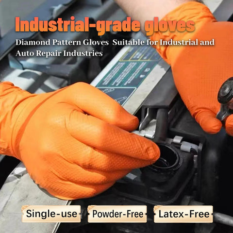 GP CRAFT heavy-duty orange nitrile gloves with diamond grip for industrial equipment operation