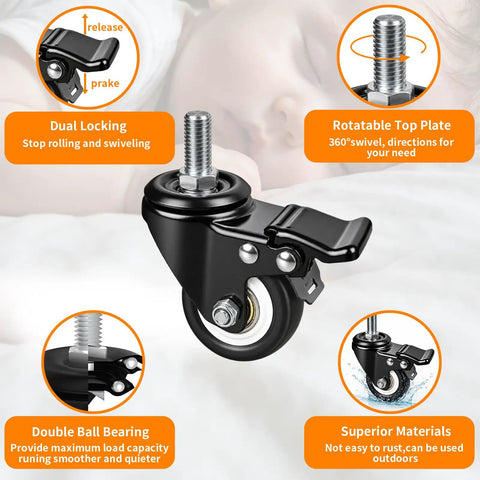 Top-Shelf 2 Inch Swivel Stem Casters With Brake, Grit Tough M8 Polyurethane Wheels For Furniture Upgrades And DIY Projects, Rock Solid Build Quality Includes Essential Mounting Hardware, 4 Pack close-up of dual locking mechanism and rotating top plate.