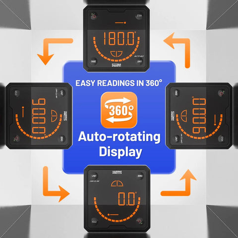 Built Tough Digital Angle Gauge And Bevel Finder With Rock Solid Magnetic Base And Bright Backlit Screen for easy 360 degree readings.