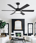 52 Inch Black Low Profile Ceiling Fan With Light And Remote, Dimmable LED, installed in modern living room, flush mount