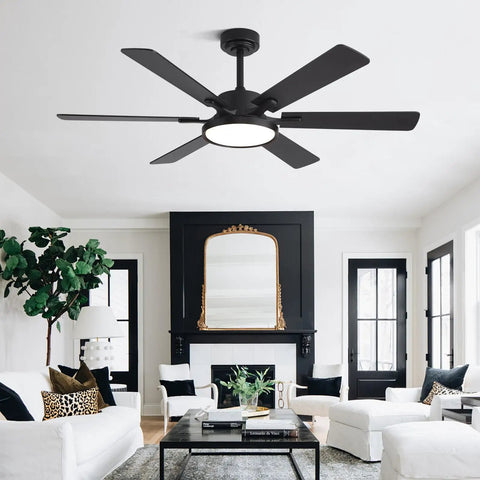 52 Inch Black Low Profile Ceiling Fan With Light And Remote, Dimmable LED, installed in modern living room, flush mount