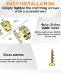 Heavy Duty 4 Piece Dining Table Locks For Rock Solid Alignment And Dead Set Anti Drift Prevention featuring spring loaded connectors and screws.