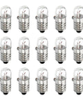 Top Tier E10 Screw Base Miniature Bulbs 12V 5W Warm Yellow Glow 15 Pack displayed with clear glass domes and metal bases.